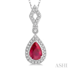 1/6 Ctw Pear Shape 6x4 MM Ruby & Round Cut Diamond Precious Pendant With Chain in 10K White Gold