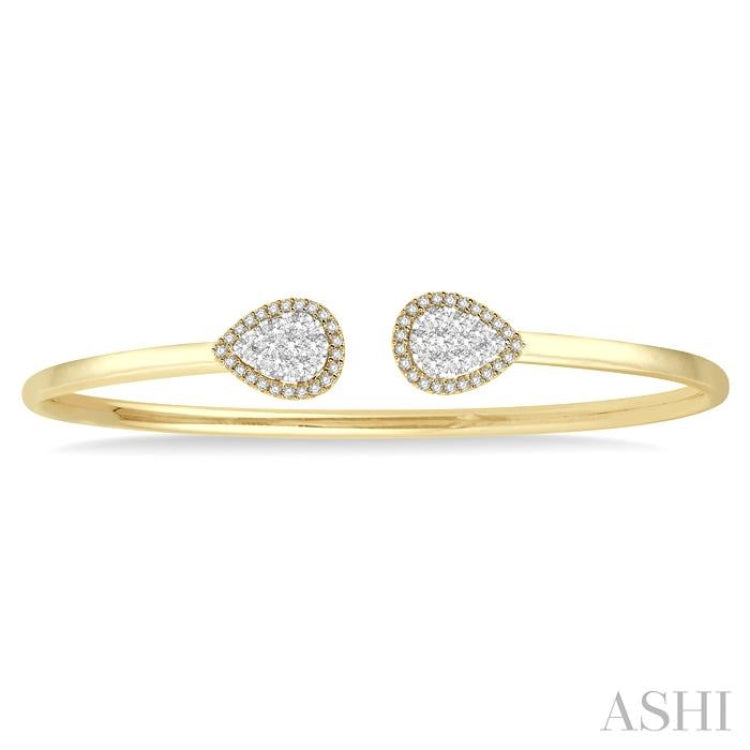 5/8 Ctw Round Cut Lovebright Diamond Pear Shape Open Cuff Bangle in 14K Yellow and White Gold