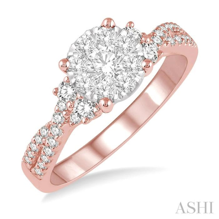 3/4 Ctw Crossed Split Shank Lovebright Diamond Cluster Ring in 14K Rose and White Gold