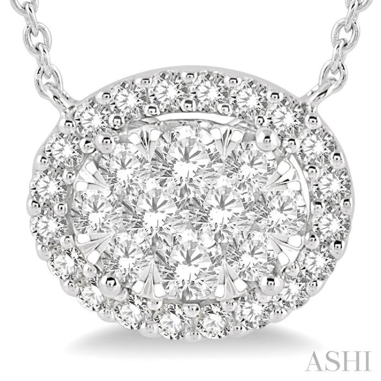 3/4 ctw Oval Shape Round Cut Diamond Lovebright Necklace in 14K White Gold