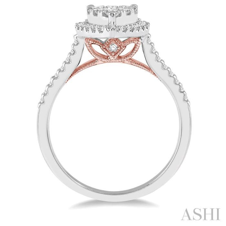 1 Ctw Pear Shape Round Cut Diamond Lovebright Ring in 14K White and Rose Gold