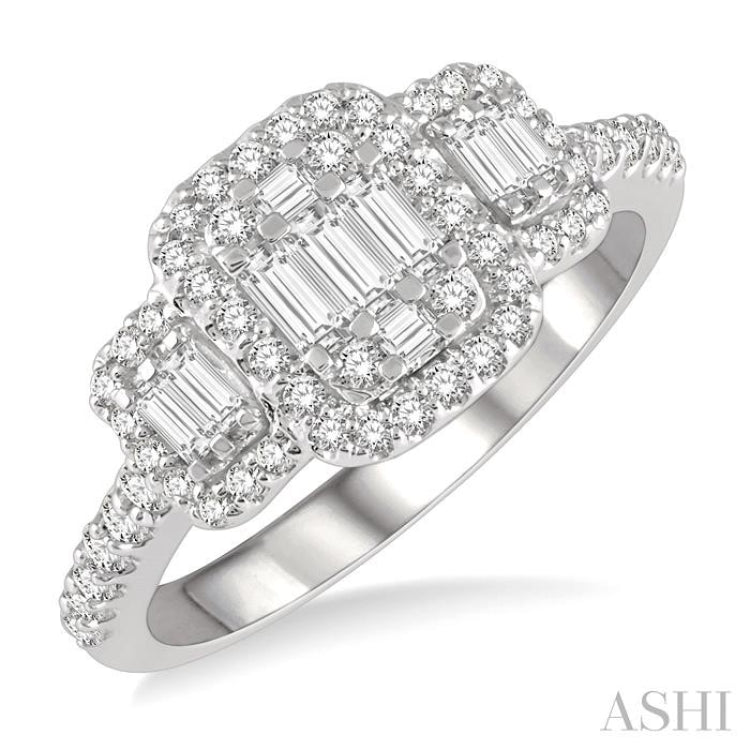 3/4 Ctw Triple Mount Baguette & Round Cut Fusion Diamond Ring in 14K White Gold