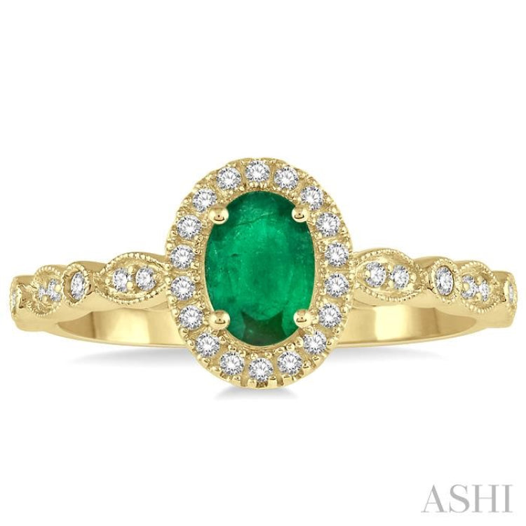 1/6 Ctw Oval Shape 6x4 MM Emerald & Round Cut Diamond Precious Ring in 10K Yellow Gold