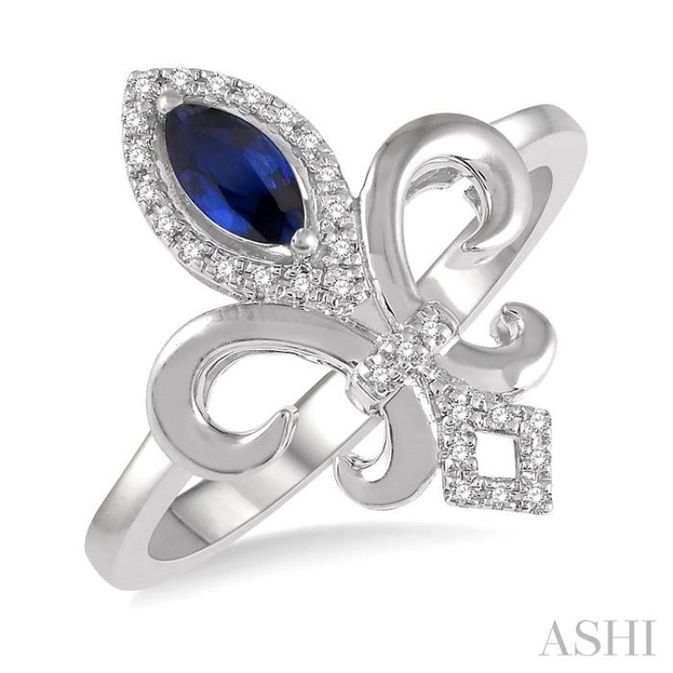 1/10 Ctw Marquise Shape 6x3 MM Sapphire & Round Cut Diamond Fleur De Lis Precious Ring in 10K White Gold