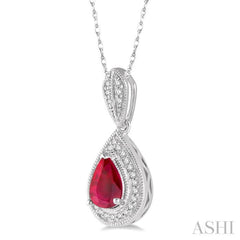 1/10 Ctw Pear Shape 6x4 MM Ruby & Round Cut Diamond Precious Pendant With Chain in 10K White Gold