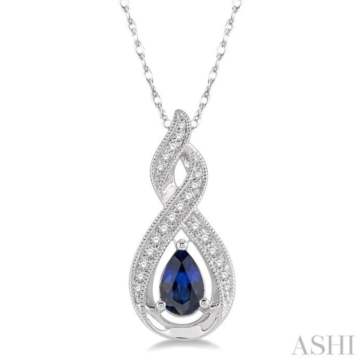 1/10 Ctw Entwined Pear Shape 6x4 MM Sapphire & Round Cut Diamond Precious Pendant With Chain in 10K White Gold