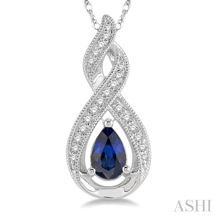 1/10 Ctw Entwined Pear Shape 6x4 MM Sapphire & Round Cut Diamond Precious Pendant With Chain in 10K White Gold