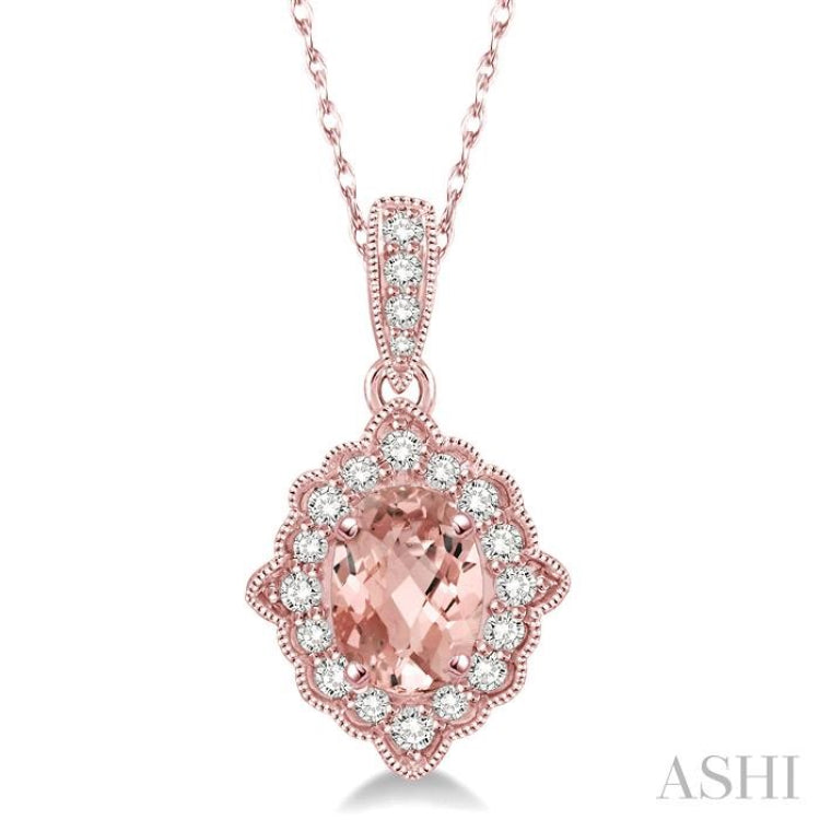 1/6 Ctw Round Cut Diamond and Ethnic Oval Cut 6x4 MM Morganite Semi Precious Pendant in 10K Rose Gold with chain