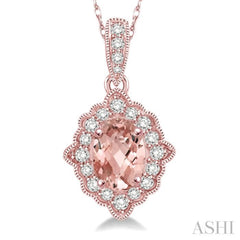 1/6 Ctw Round Cut Diamond and Ethnic Oval Cut 6x4 MM Morganite Semi Precious Pendant in 10K Rose Gold with chain