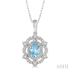 1/6 Ctw Oval Cut 6x4 MM Aquamarine & Round Cut Diamond Semi Precious Pendant With Chain in 10K White Gold