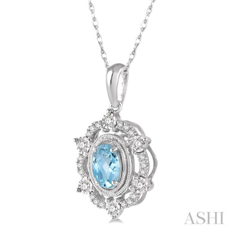 1/6 Ctw Oval Cut 6x4 MM Aquamarine & Round Cut Diamond Semi Precious Pendant With Chain in 10K White Gold