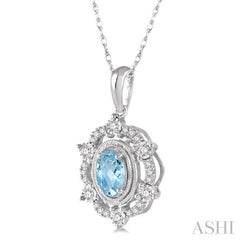 1/6 Ctw Oval Cut 6x4 MM Aquamarine & Round Cut Diamond Semi Precious Pendant With Chain in 10K White Gold