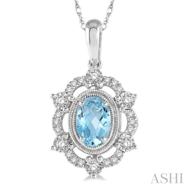 1/6 Ctw Oval Cut 6x4 MM Aquamarine & Round Cut Diamond Semi Precious Pendant With Chain in 10K White Gold