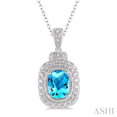 1/50 Ctw Cushion Shape 8x6 MM Blue Topaz & Round Cut Diamond Semi Precious Pendant With Chain in Sterling Silver