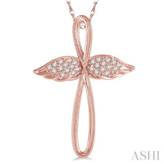 1/10 Ctw Twisted Cross Angel Wings Round Cut Diamond Pendant With Chain in 10K Rose Gold