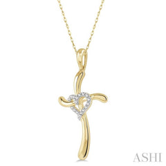 1/20 Ctw Heart Entangled Cross Charm Round Cut Diamond Pendant With Chain in 10K Yellow Gold