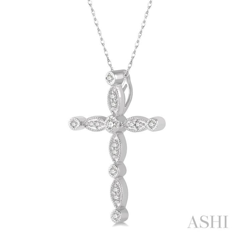 1/10 Ctw Marquise & Circular Mount Cross Charm Round Cut Diamond Pendant With Chain in 10K White Gold