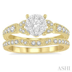 5/8 Ctw Round Cut Diamond Lovebright Wedding Set with 1/2 Ctw Engagement Ring and 1/6 Ctw Wedding Band in 14K Yellow and White Gold