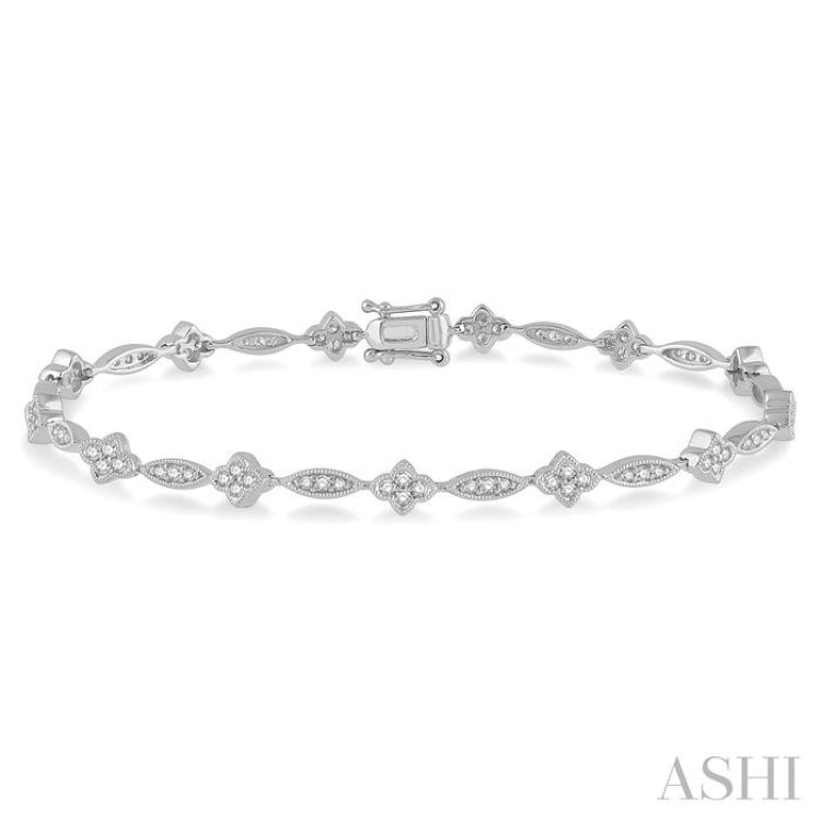 1 1/10 ctw Marquise and Floral Link Diamond Bracelet in 14K White Gold