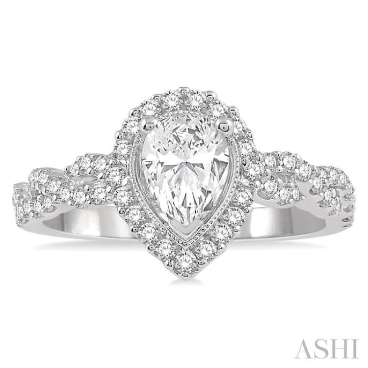 3/4 Ctw Intertwined Shank Round Cut Diamond Ladies Engagement Ring with 3/8 Ct Pear Shaped Center Stone in 14K White Gold