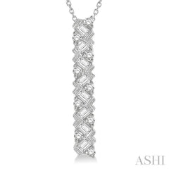 1/2 Ctw Zigzag Baguette and Round Cut Diamond Bar Pendant With Chain in 14K White Gold