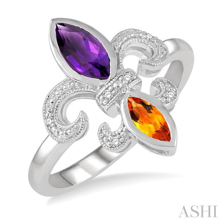 1/50 Ctw Marquise Cut 8x4 MM Amethyst & 6X3 MM Citrine Round Cut Diamond Fleur De Lis Ring in Sterling Silver