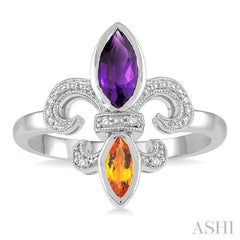 1/50 Ctw Marquise Cut 8x4 MM Amethyst & 6X3 MM Citrine Round Cut Diamond Fleur De Lis Ring in Sterling Silver