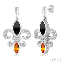 8x4 MM Marquise Cut Onyx, 6x3 MM Marquise Cut Citrine and 1/20 Ctw Round Cut Diamond Fleur De Lis Earrings in Sterling Silver