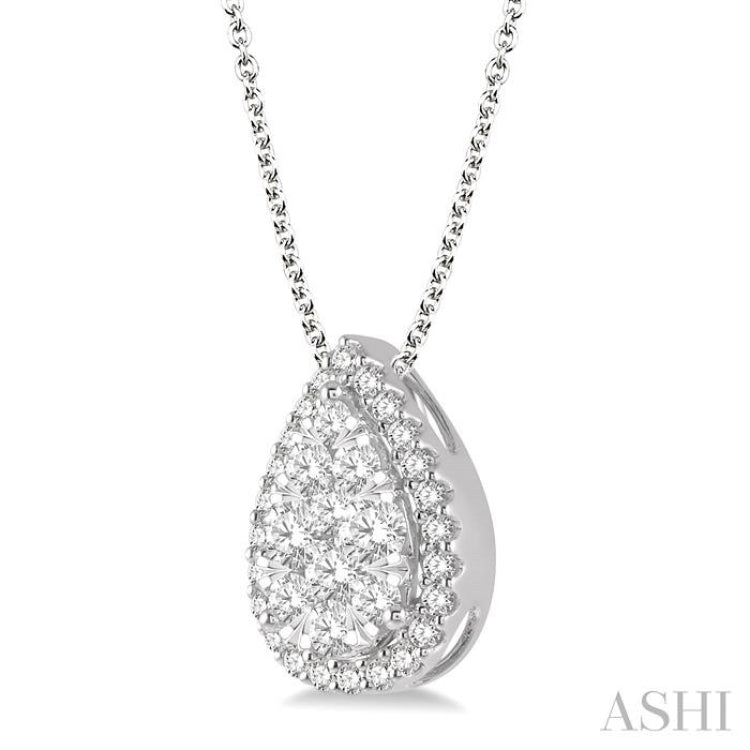 3/4 ctw Pear Shape Lovebright Round Cut Diamond Pendant With Chain in 14K White Gold