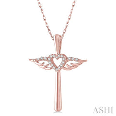 1/10 Ctw Angel Wing & Heart Round Cut Diamond Cross Pendant With Chain in 10K Rose Gold