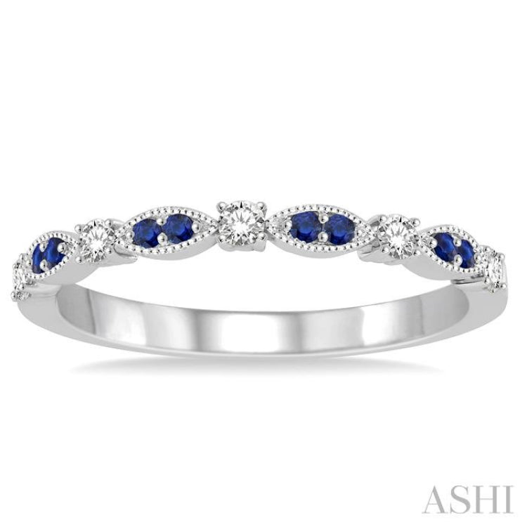 1/6 Ctw Round Cut Diamond and 1.35mm Sapphire Precious Stone Wedding Band in 14K White Gold