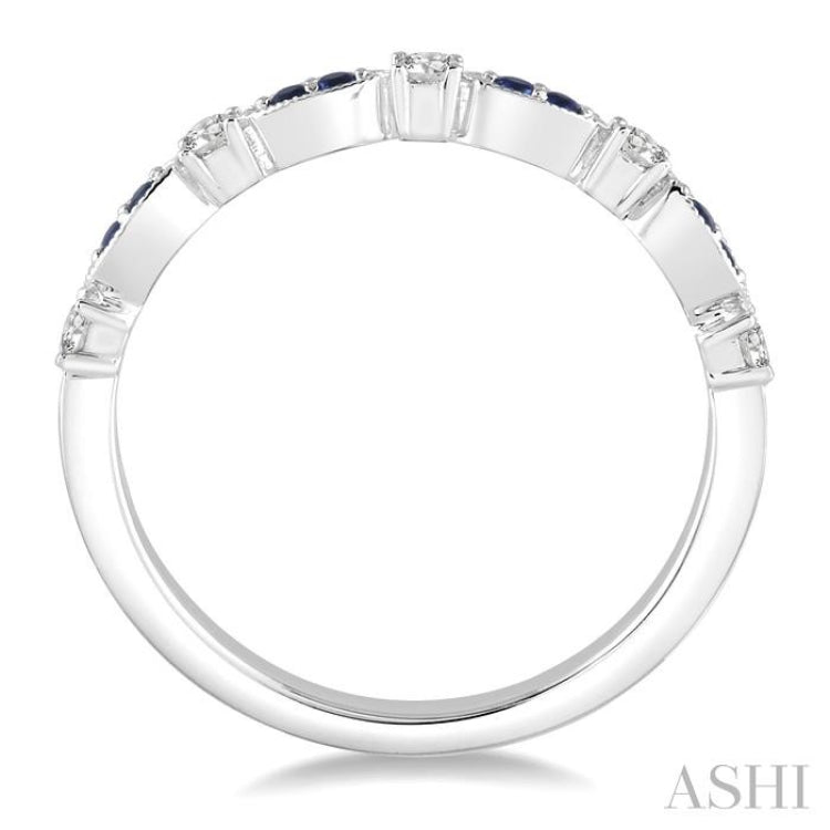 1/6 Ctw Round Cut Diamond and 1.35mm Sapphire Precious Stone Wedding Band in 14K White Gold