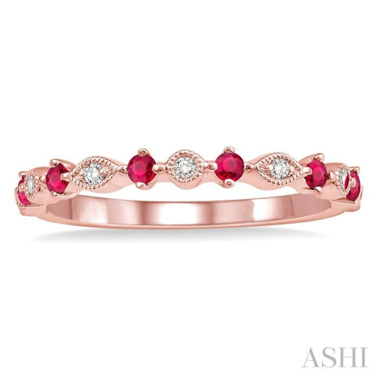 1.80 MM Round Cut Ruby and 1/20 Ctw Round Cut Diamond Precious Half Eternity Wedding Band in 14K Rose Gold