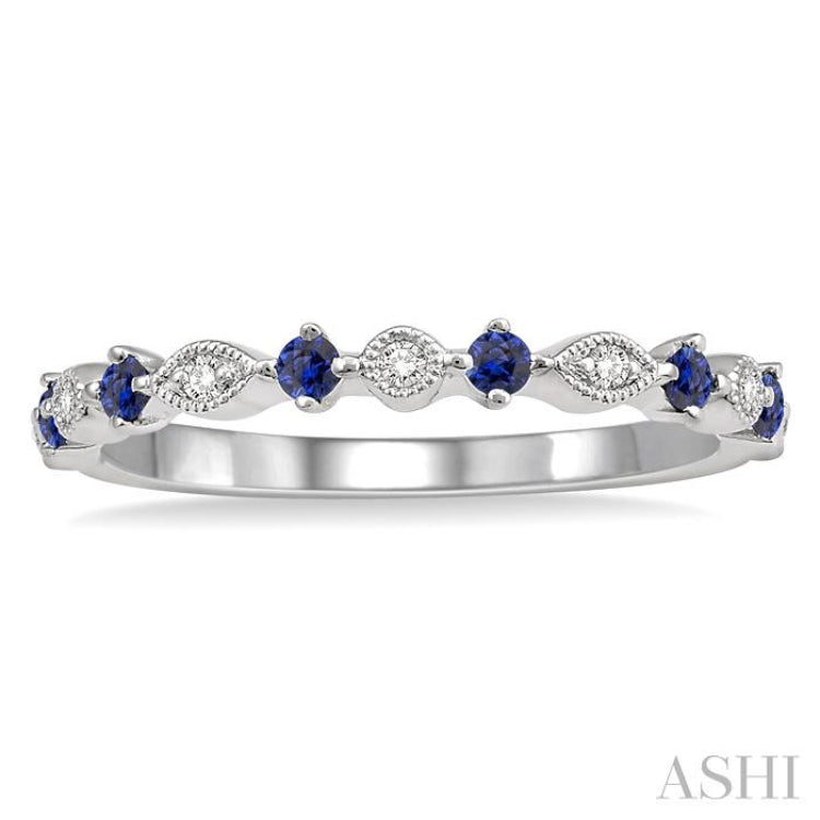 1.80 MM Round Cut Sapphire and 1/20 Ctw Round Cut Diamond Precious Half Eternity Wedding Band in 14K White Gold