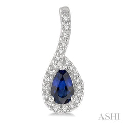 1/6 Ctw Hanging Arm 5x3 MM Pear Cut Sapphire and Round Cut Diamond Precious Earring in 10K White Gold