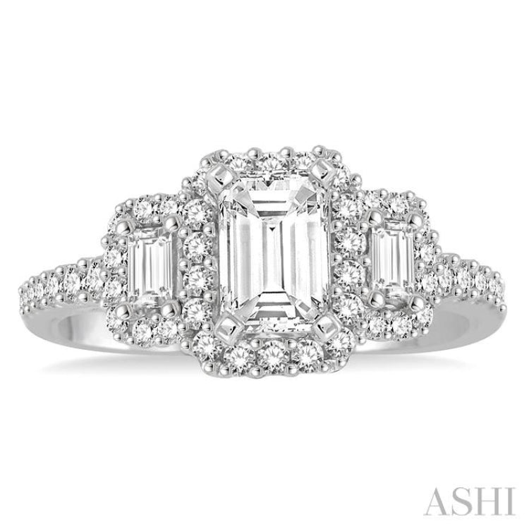 1 ctw Baguette and Round Cut Diamond Ladies Engagement Ring with 1/2 Ct Emerald Cut Center Stone in 14K White Gold