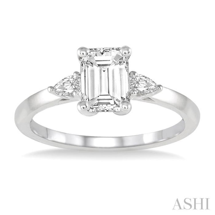 1/2 ctw Octagon Emerald and Pear Cut Diamond Ladies Engagement Ring with 1/3 Ct Emerald Cut Center Stone in 14K White Gold