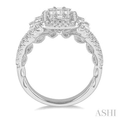 1 Ctw Split Shank Baguette and Round Cut Diamond Bridal Ring in 14K White Gold