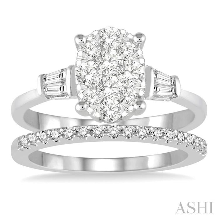 3/4 ctw Lovebright Baguette & Round Cut Diamond Wedding Set With 5/8 ctw Oval Shape Engagement Ring and 1/6 ctw Wedding Band in 14K White Gold