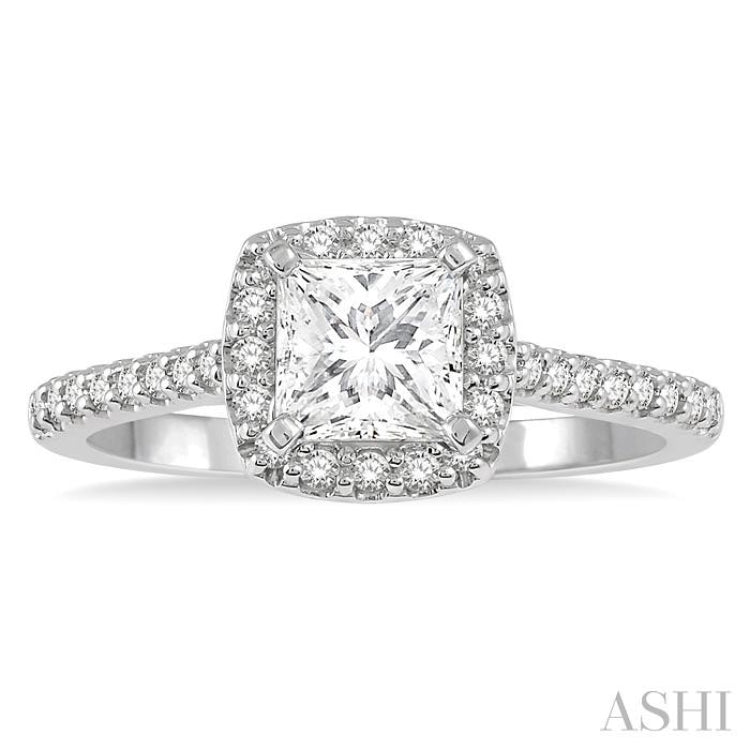 1 1/10  Ctw Cushion Shape Round Cut Diamond Engagement Ring With 3/4 Princess Cut Center Stone in 14K White Gold