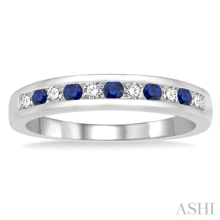 1/5 ctw Round Cut Diamond and 2MM Sapphire Precious Wedding Band in 14K White Gold