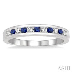 1/5 ctw Round Cut Diamond and 2MM Sapphire Precious Wedding Band in 14K White Gold