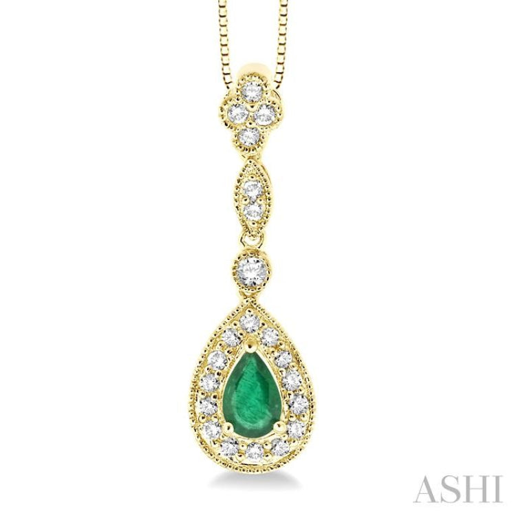 6x4 MM Pear Shape Emerald and 1/4 Ctw Round Cut Diamond Pendant in 14K Yellow Gold with Chain