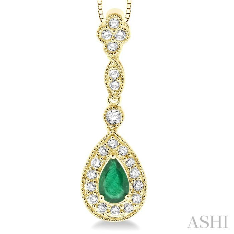 6x4 MM Pear Shape Emerald and 1/4 Ctw Round Cut Diamond Pendant in 14K Yellow Gold with Chain