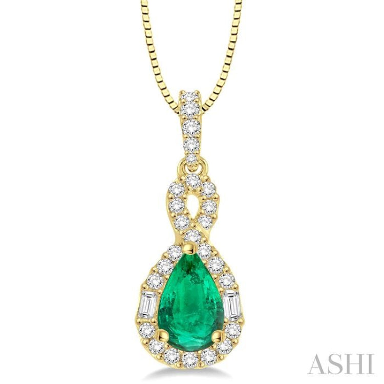 7x5 MM Pear Shape Emerald and 1/3 Ctw Diamond Precious Pendant in 14K Yellow Gold with Chain