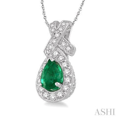 7x5mm Pear Shape Emerald and 1/2 Ctw Round Diamond Precious Pendant in 14K White Gold with chain