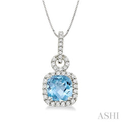 7 MM Cushion Shape Aquamarine and 3/8 Ctw Round Cut Diamond Pendant in 14K White Gold with Chain