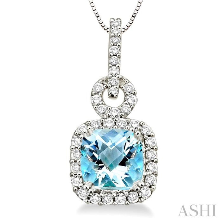 7 MM Cushion Shape Aquamarine and 3/8 Ctw Round Cut Diamond Pendant in 14K White Gold with Chain