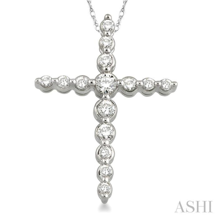 1/4 Ctw Round Cut Diamond Journey Cross Pendant in 14K White Gold with Chain