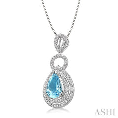 10x7mm Pear Shape Aquamarine and 1/3 Ctw Round Cut Diamond Semi Precious Pendant in 14K White Gold with Chain